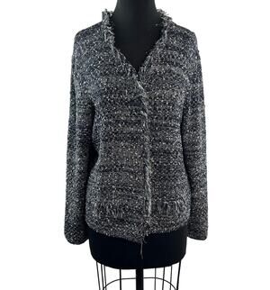UN JOUR AILLEURS Fringe Tweed Cardigan Jacket Black White Long Sleeves Size 4